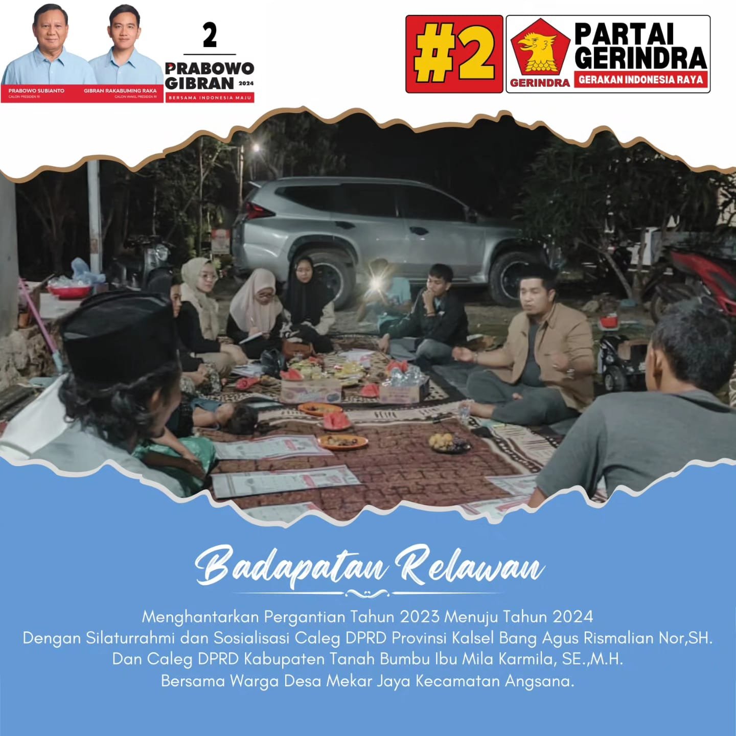 Momen Pergantian Tahun Baru, Caleg Gerindra Agus-Mila Silaturahmi 'Badapatan Relawan' 