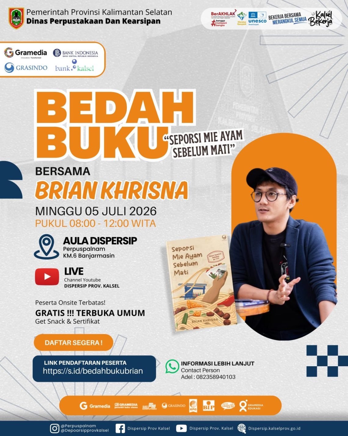 Perkuat Budaya Literasi, Dispersip Kalsel Gelar Bedah Buku Bersama Brian Khrisna